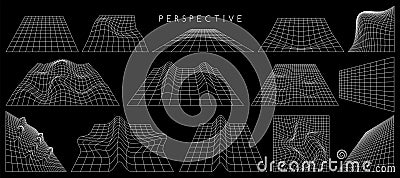Wireframe retro futuristic perspective grids. Vector set of geometrical blueprint distorted planes Vector Illustration