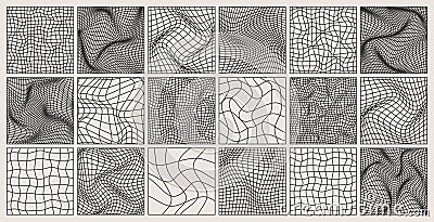 Wireframe shapes, lined perspective mesh, 3d grid. Low poly geometric elements. Retro futuristic design elements, y2k Vector Illustration