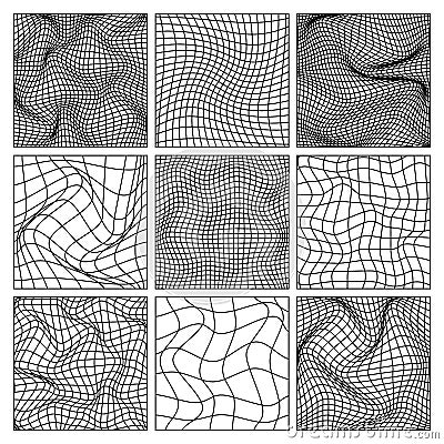 Wireframe shapes, lined perspective mesh, 3d grid. Low poly geometric elements. Retro futuristic design elements, y2k Vector Illustration