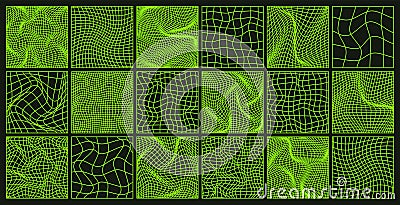 Wireframe shapes, lined perspective mesh, 3d grid. Low poly geometric elements. Retro futuristic design elements, y2k Vector Illustration