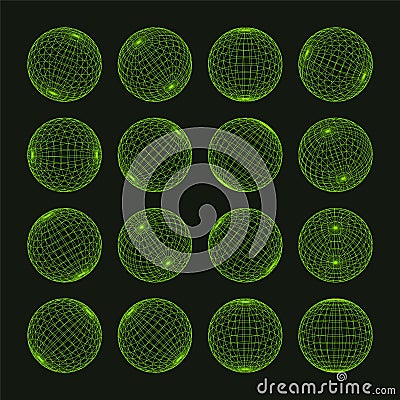 Wireframe shapes, lined sphere. Perspective mesh, 3d grid. Low poly geometric elements. Retro futuristic design elements Vector Illustration