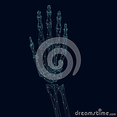 Wireframe of the skeleton of a human hand made of blue lines with glowing lights on a dark background. 3D. Vector Vector Illustration