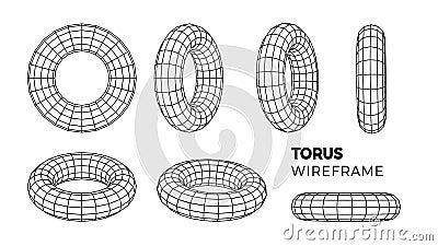 Wireframe torus set. 3d geometric forms. Outline isolated model. Vector isometric shapes Vector Illustration