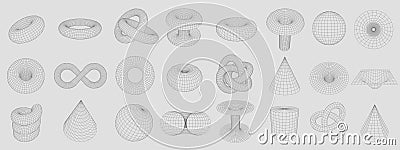 Wireframe torus shapes. Abstract 3D grid shapes, geometric mesh tunnel, vortex and donut vector set with editable stroke Vector Illustration