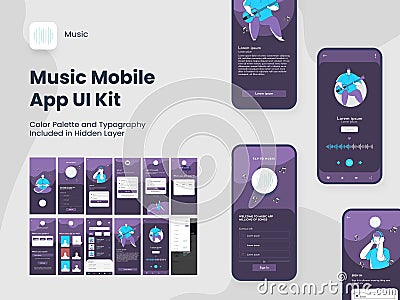 Wireframe UI, UX and GUI Layout with Different Login Screens including Account Sign In, Sign Up, Playlist for Music Mobile Stock Photo