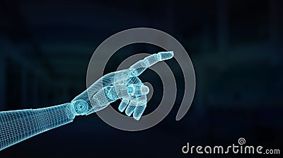 Wireframed blue robot hand pointing finger on dark 3D rendering Stock Photo