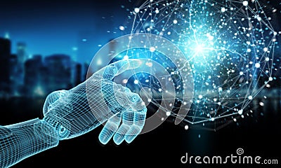 Wireframed blue robot hand touching digital sphere network 3D rendering Stock Photo