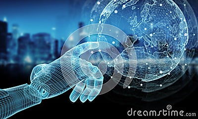 Wireframed blue robot hand touching digital world on dark background 3D rendering Stock Photo