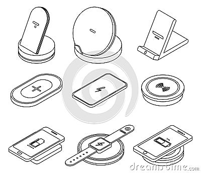 Wireless charger icons set vector outine Stock Photo