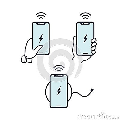 Wireless charger illustration. Hands holding smartphone. Flat line icon. Blue icon set. Vector Illustration