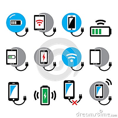 Wireless charging pad for smartphone or tablet icons set Stock Photo