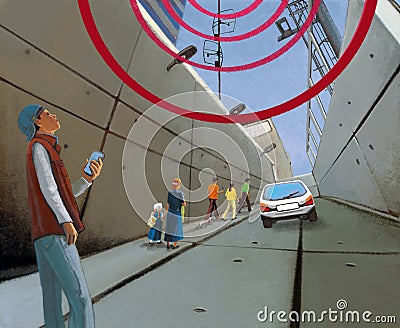 Wireless communication in the city. Gloomy concrete tunnel and people with gadgets Stock Photo
