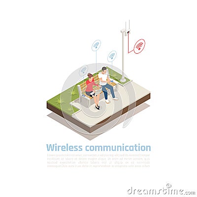 Wireless Communication Isometric Poster Vector Illustration