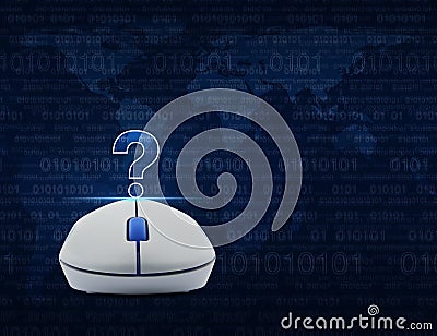 Wireless computer mouse with question mark sign icon over computer binary code on blue background, Customer support concept, Elem Stock Photo