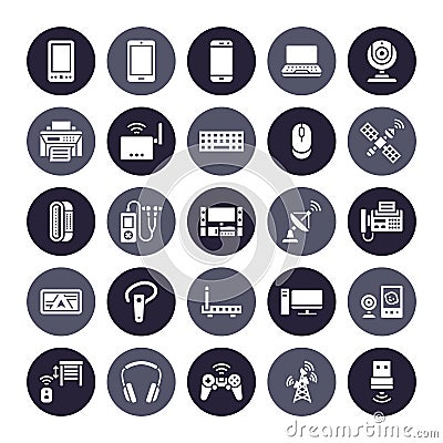Wireless devices flat glyph icons. Wifi internet connection technology signs. Router, computer, smartphone, tablet Vector Illustration