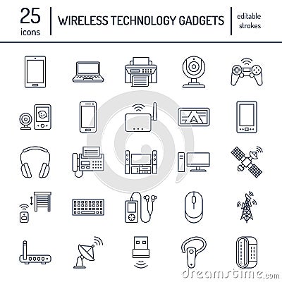 Wireless devices flat line icons. Wifi internet connection technology signs. Router, computer, smartphone, tablet Vector Illustration