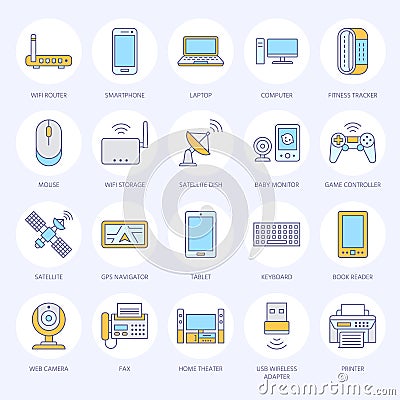 Wireless devices flat line icons. Wifi internet connection technology signs. Router, computer smartphone, tablet, laptop Vector Illustration