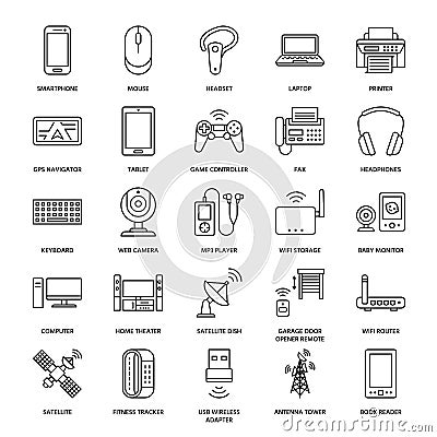 Wireless devices flat line icons. Wifi internet connection technology signs. Router, computer, smartphone, tablet Vector Illustration