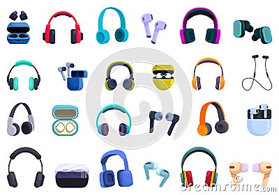 Wireless earphones icons set cartoon vector. Music audio case Vector Illustration