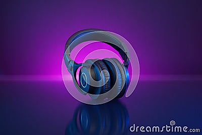 Wireless Gamer Headphones Dark Background and Neon Light. Stock Photo