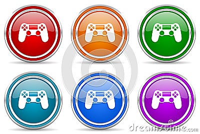 Wireless gaming controller, gamepad silver metallic glossy icons, set of modern design buttons for web, internet and mobile Vector Illustration