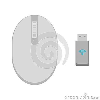 A wireless gray computer mouse in the shape of an oval, with two keys and a wheel. Radio module for a wireless mouse Vector Illustration