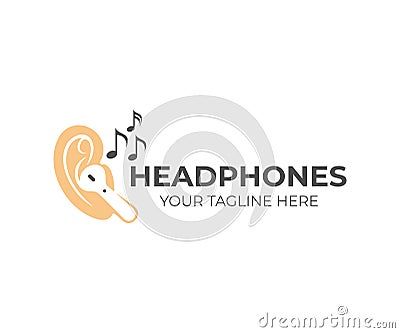 Wireless headphones in ears with musical notes around, logo design. Music, sound and device, vector design Vector Illustration