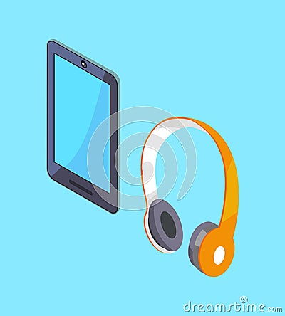 Wireless Headphones and Tablet Vector 3D Icons Vector Illustration