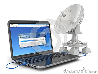 Wireless internet concept. Laptop and satellite dish. Stock Photo