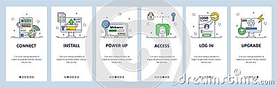 Wireless internet connection, file access and upgrade. Mobile app onboarding screens, vector website banner template. Vector Illustration