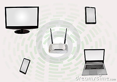 Wireless Internet connectivity zone with router desktop monitor laptop tab smart phone in white. Stock Photo