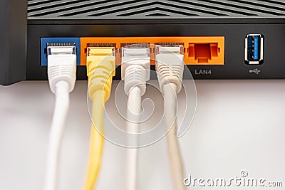 Wireless internet router with connected cables Stock Photo