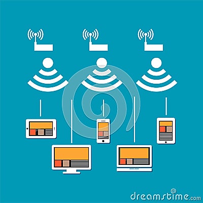 Wireless network connection concept. Wireless communication on devices. Devices connect to cloud internet using wireless signal Vector Illustration