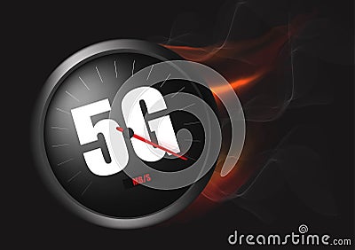 Wireless network speed concept, speedometer in fire 5G evolution. Realistic vector illustration Stock Photo