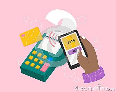 Wireless payment with Mobile phone with NFC technology. Hand holding smartphone with pay app near POS terminal. Vector Vector Illustration