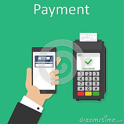 Wireless payment with mobile phone and terminal illustration, flat style smartphone in hand with credit card on display Vector Illustration