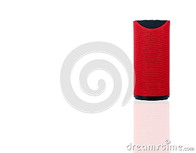 Wireless portable speaker isolated on white background. Red Digital portable speakers. Small sound music box speaker. Modern Stock Photo