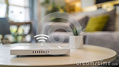 Wireless Router with Hologram Signal in Home Setting. Generative ai Cartoon Illustration