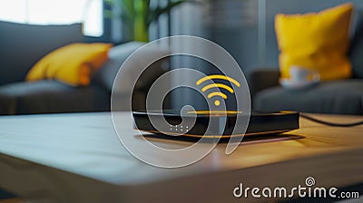 Wireless Router with Hologram Signal in Home Setting. Generative ai Cartoon Illustration