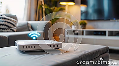 Wireless Router with Hologram Signal in Home Setting. Generative ai Cartoon Illustration