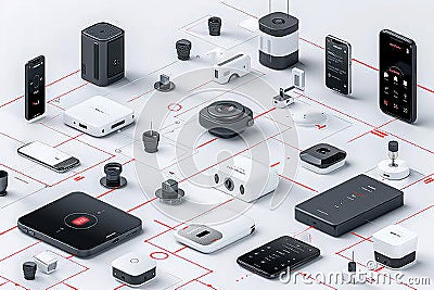 Wireless security cameras utilize smart technology for intrusive monitoring, ensuring phone-linked video surveillance and safety. Cartoon Illustration