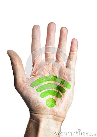 Wireless sign painted on the man's Palm, on white background Stock Photo