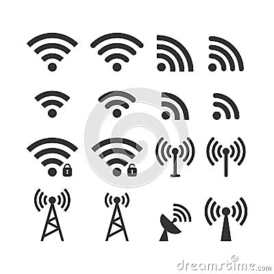 Wireless signal web icon set. Wi fi icons. Secured, unsecured, anthena, password protected icons. Vector Illustration