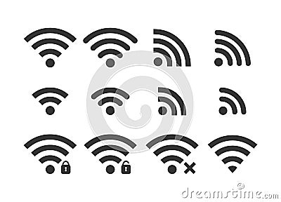 Wireless signal web icon set. Wi fi icons. Secured, unsecured, no connection, password protected icons. Vector Illustration