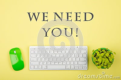 Wireless slim white keyboard and green mouse and text We need you Stock Photo