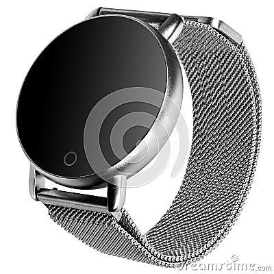 Wireless smart watch in a round matte siver case Stock Photo