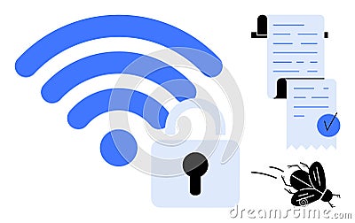 Secured wireless Network with Digital Document and Bug Fix Elements in Vector Art Vector Illustration