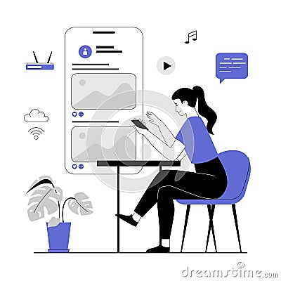 Wireless technology concept. WiFi network communication. Sending files, uploading and downloading content on social media Vector Illustration