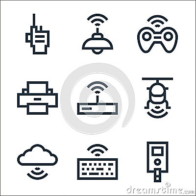 wireless technology line icons. linear set. quality vector line set such as hemoglobin test meter, keyboard, wifi, helicopter, Vector Illustration