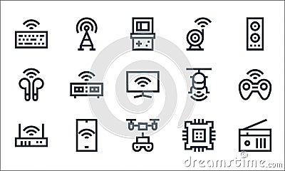 wireless technology line icons. linear set. quality vector line set such as radio, drone, router, cpu, smartphone, earphones, Vector Illustration